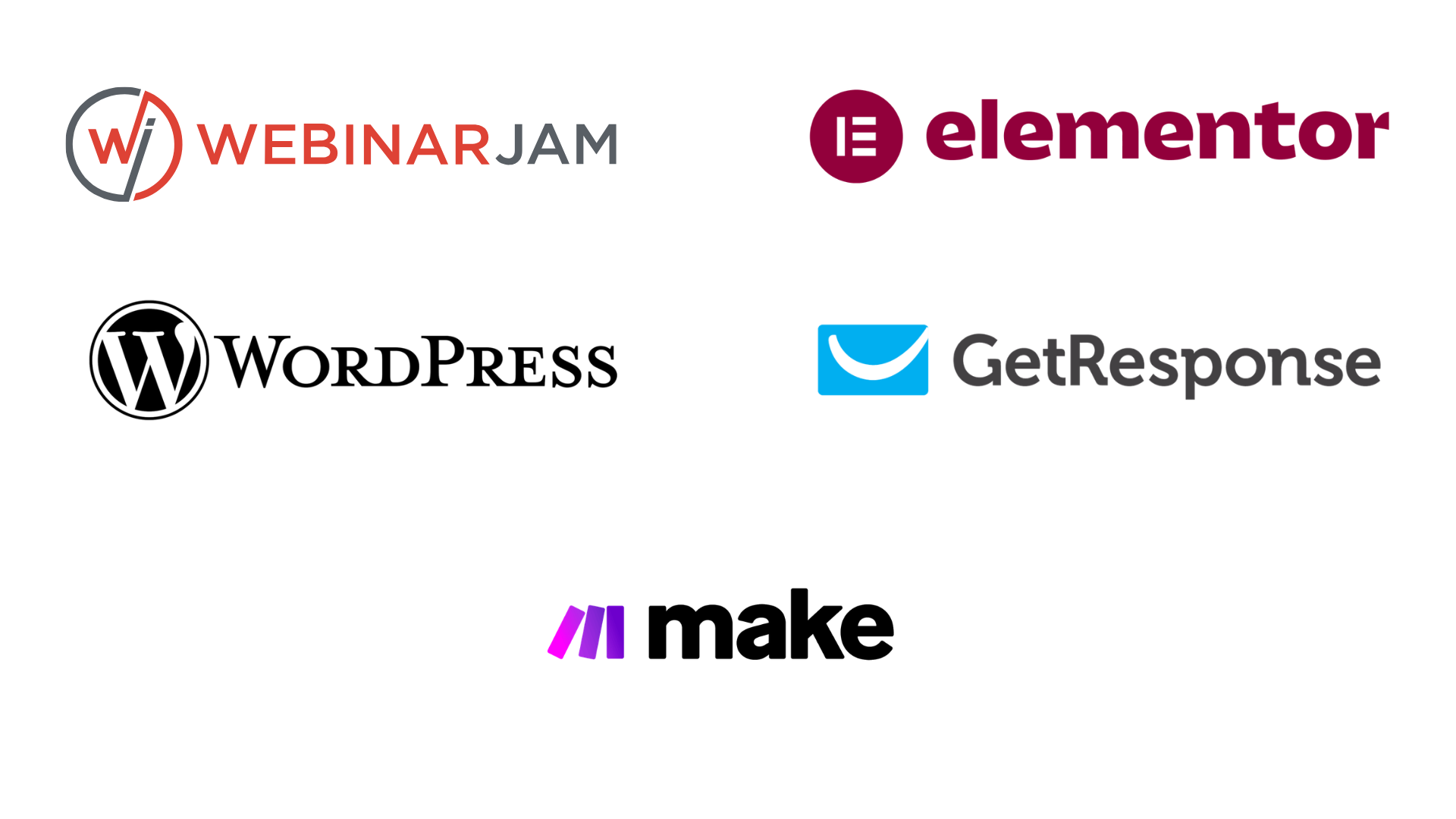 Logotypy narzędzi do automatyzacji marketingu: WebinarJam, Elementor, WordPress, GetResponse, Make