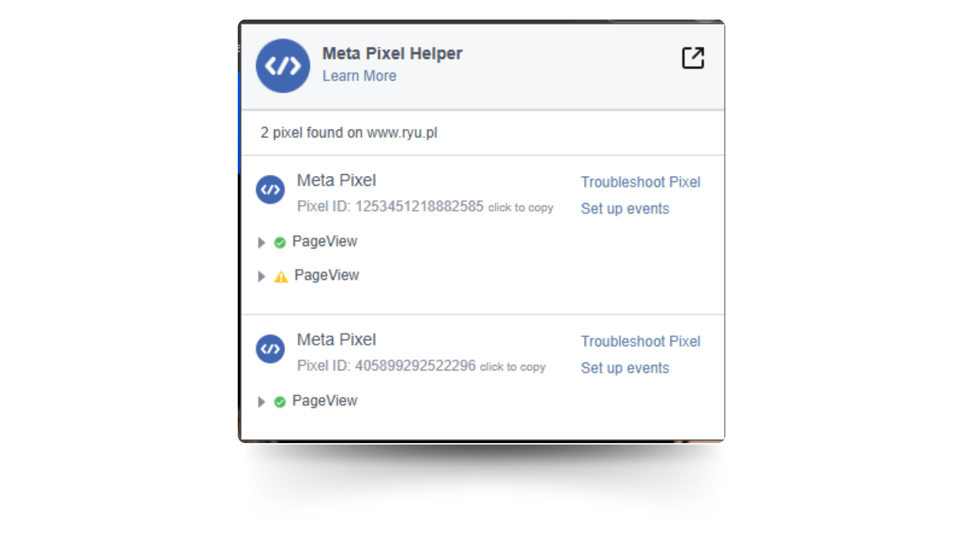 Widok rozszerzenia Meta Pixel Helper z zainstalowanymi pikselami na stronie