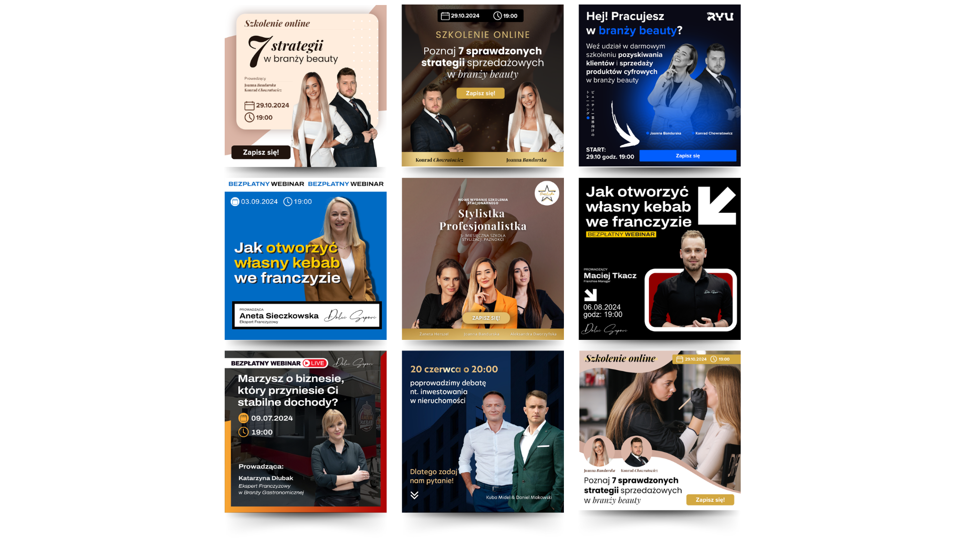 Siatka przykładowych kreacji reklamowych - webinary, szkolenia i promocje